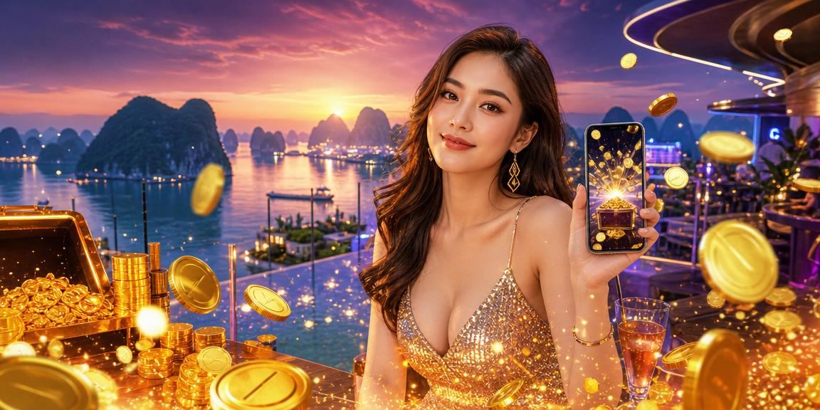 Người dùng kiểm tra giao dịch tài chính qua điện thoại với cảnh vịnh Hạ Long đẹp ngoài cửa sổ
